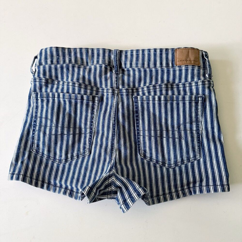 American Eagle 10 Hi-Rise Shortie Blue Stripe Denim Shorts Next Level Stretch - Picture 11 of 13